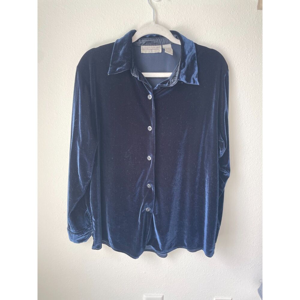Whimsygoth velvet shirt L Carolyn Taylor navy blue velour button down top